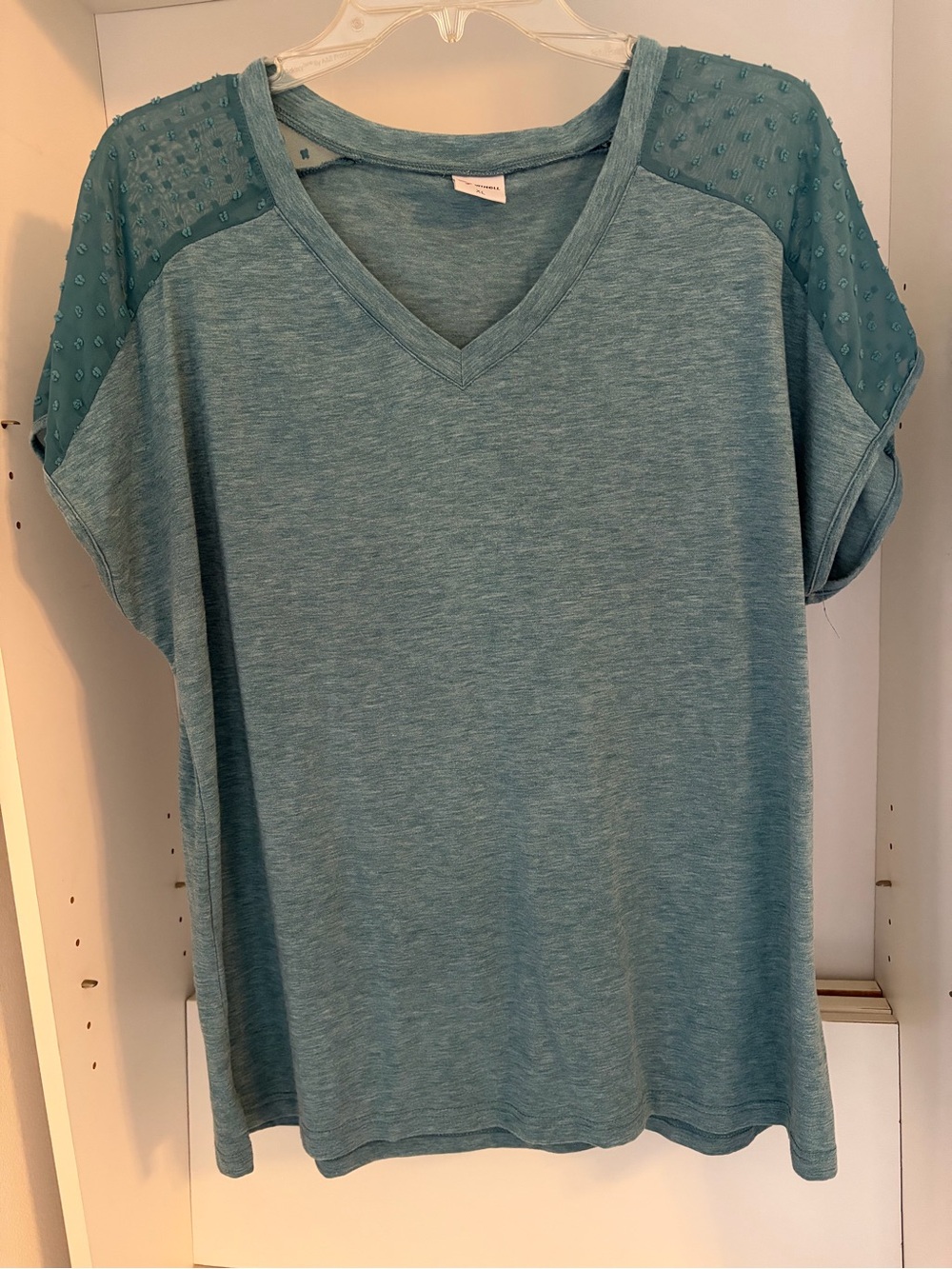 Women's Teal V-Neck Short Sleeve Top with Sheer Dot Shoulder Panels